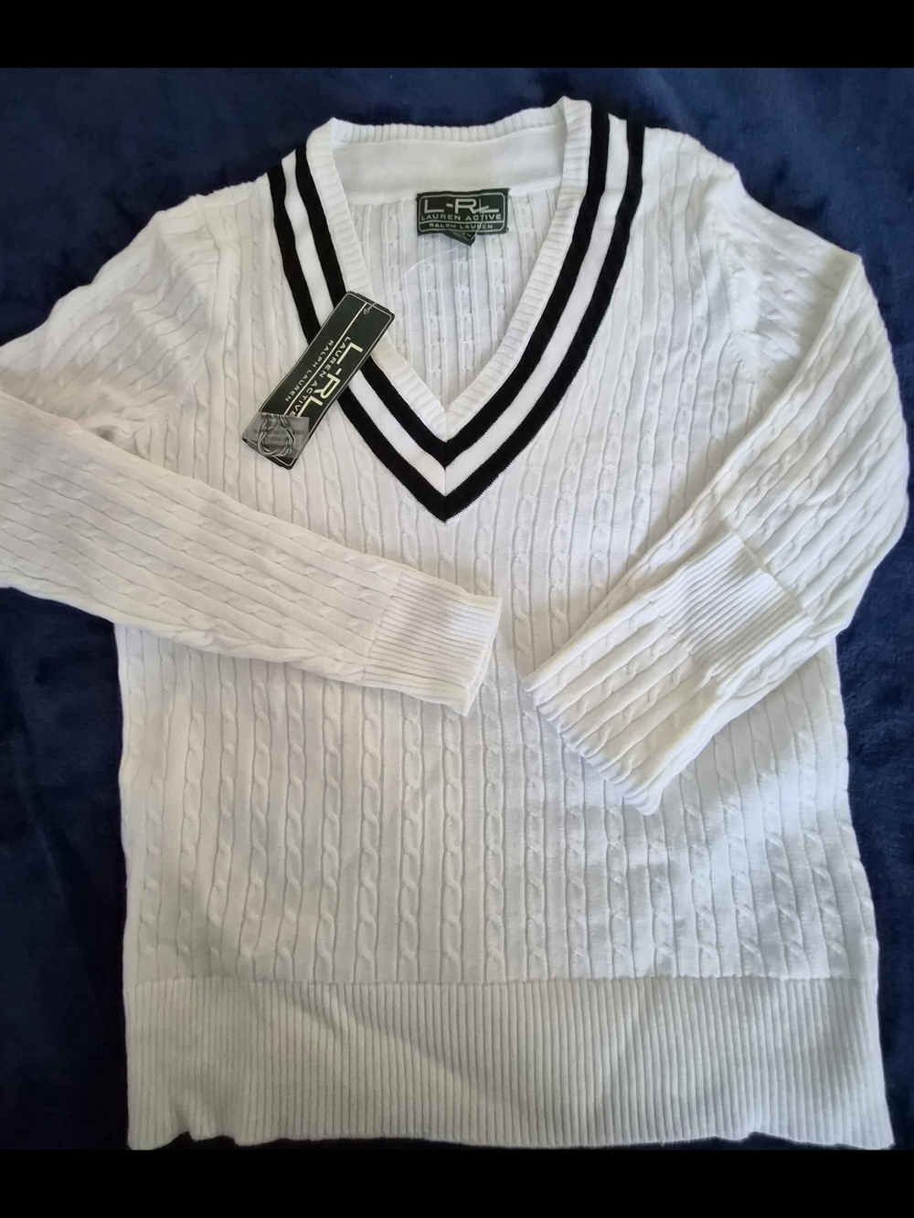 Lauren Ralph Lauren White Cable-Knit V-Neck Sweater with Black Trim